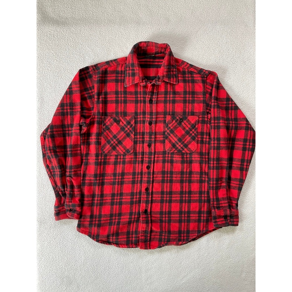 Unbranded Mens Large Flannel Shirt Red Black Plaid Long Sleeve Button‎ Up Pocket